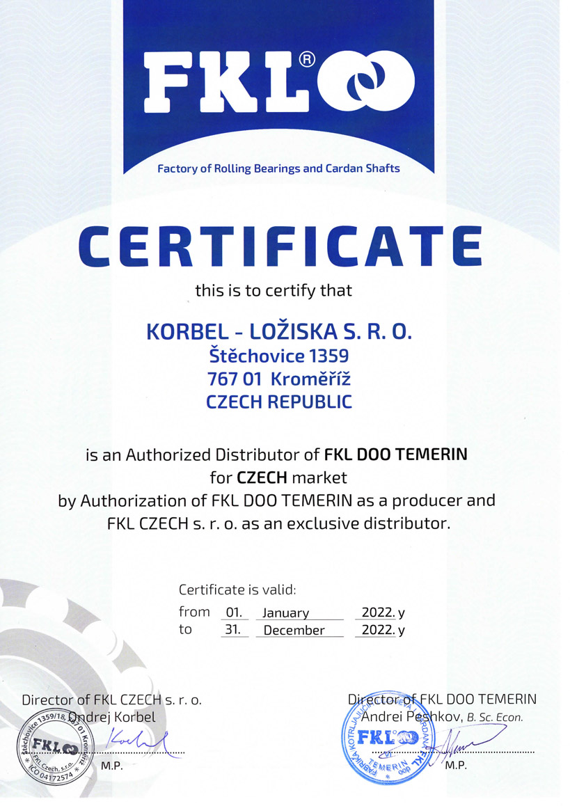 FKL certifikát Korbel - ložiska