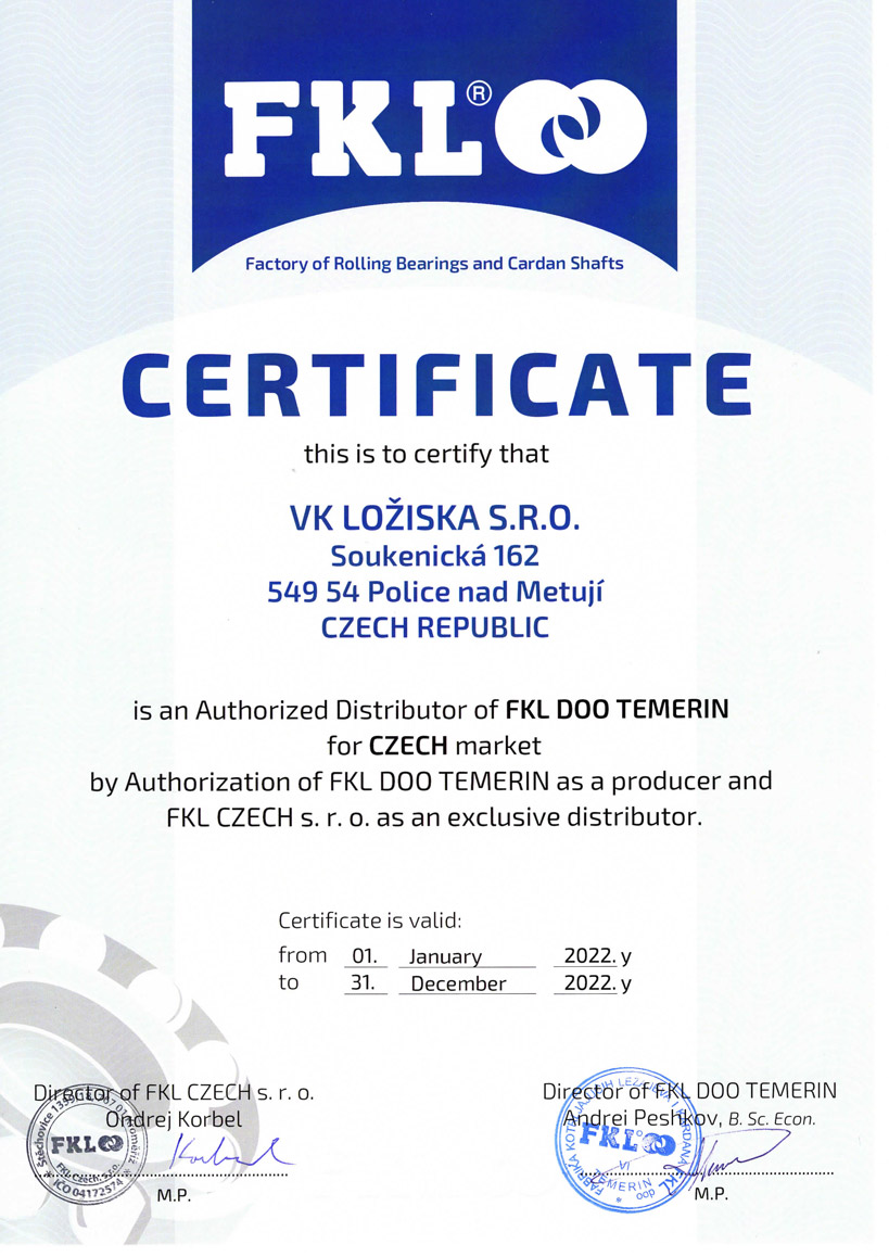 FKL certifikát VK Ložiska