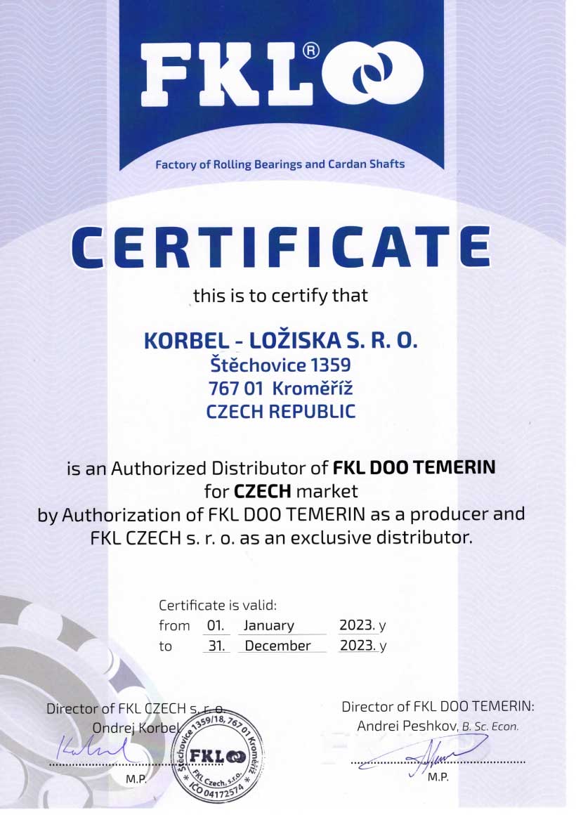 FKL certifikát Korbel - ložiska